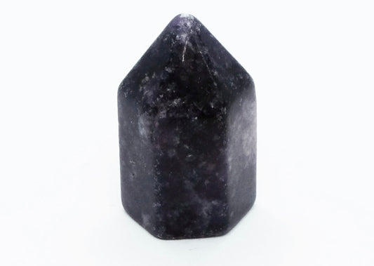 A mini Lepidolite crystal with a conical shape and a rich lavender hue.