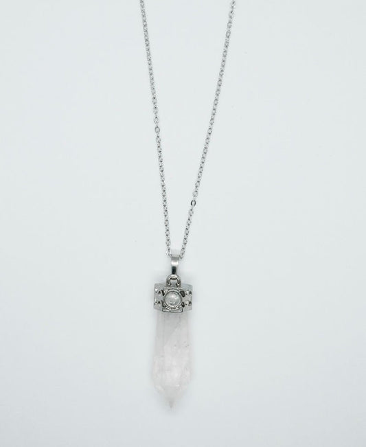 Clear quartz wand pendant on silver-plated chain, crystal jewellery for clarity and healing.