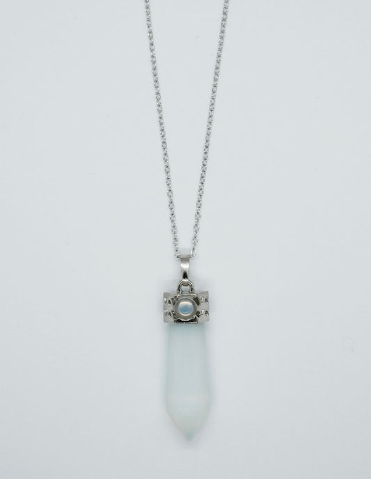 A silver-plated chain necklace with a  opalite wand pendant