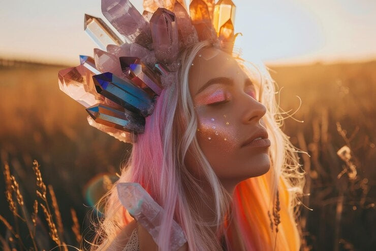 Pastel-haired woman wearing a crystal crown, eyes closed in golden field at sunset with overlay text ‘Begin Your Journey’ — self-love and healing theme.
