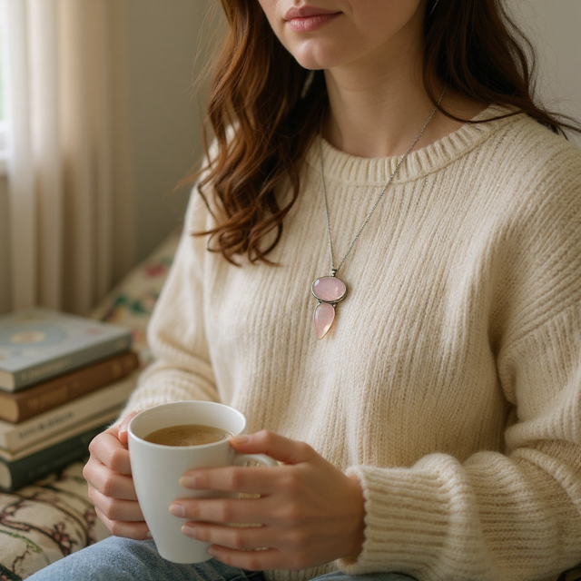 Sterling silver rose quartz necklace – Aphrodite Pendant from The Goddess Collection, symbolising love, beauty, and self-love.