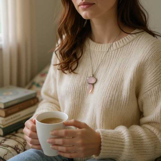 Sterling silver rose quartz necklace – Aphrodite Pendant from The Goddess Collection, symbolising love, beauty, and self-love.