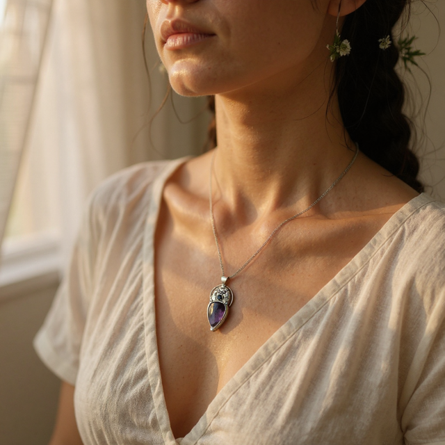 Woman wearing a necklace with a purple pendant in a softly lit room.