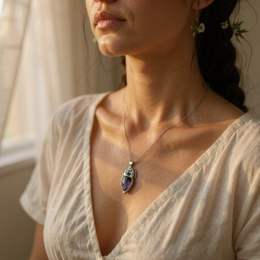 Woman wearing a necklace with a purple pendant in a softly lit room.