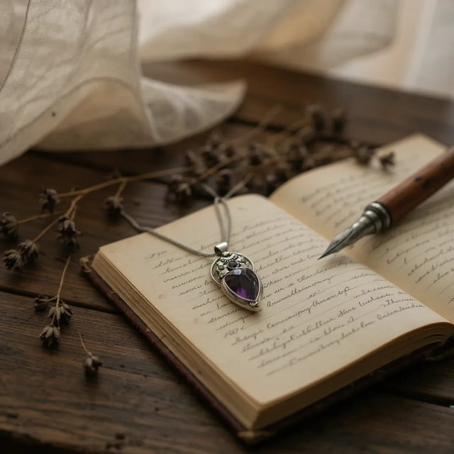 Necklace with a purple pendant on an open book with a pen, surrounded by dried flowers.
