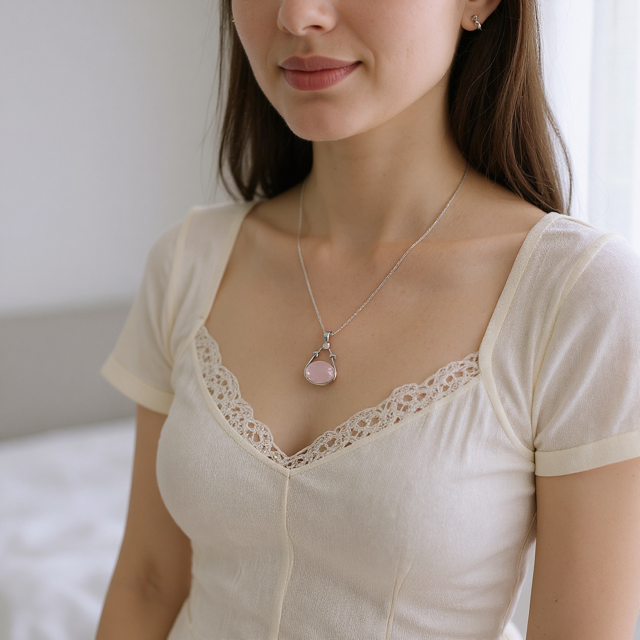 Woman wearing a beige lace-trimmed top with a necklace featuring a pink pendant.