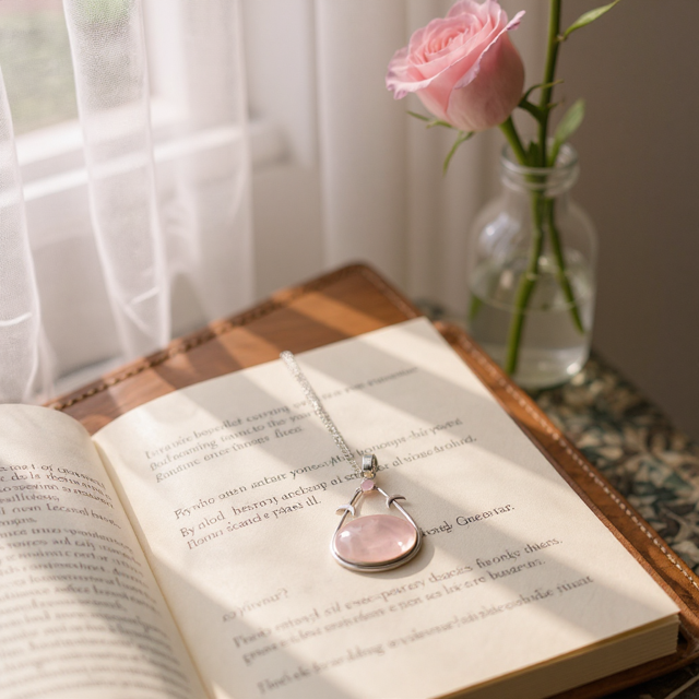 Necklace with a pink pendant on an open book next to a vase with a pink rose.