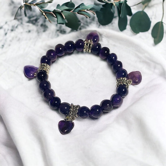 Amethyst 4 hearts bracelet, crystal jewellery for love, protection and spiritual balance.
