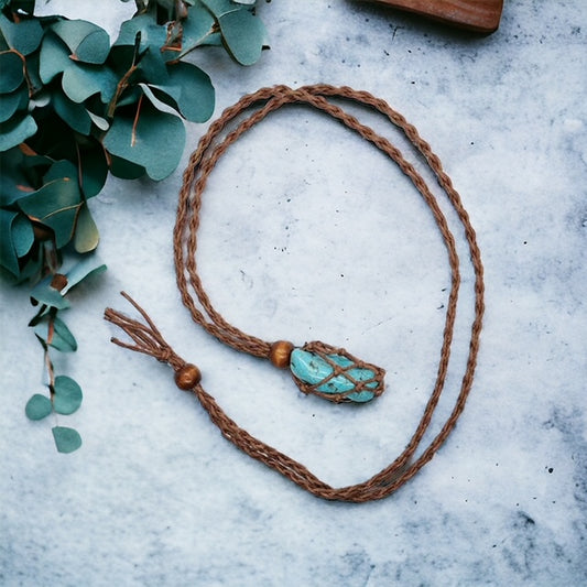 Tan coloured Adjustable macramé necklace with small interchangeable crystal, spiritual accessory for self-love and energy.