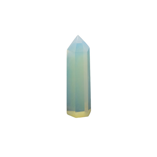 A blue and yellow opalite point used for healing and as a spiritual tool.