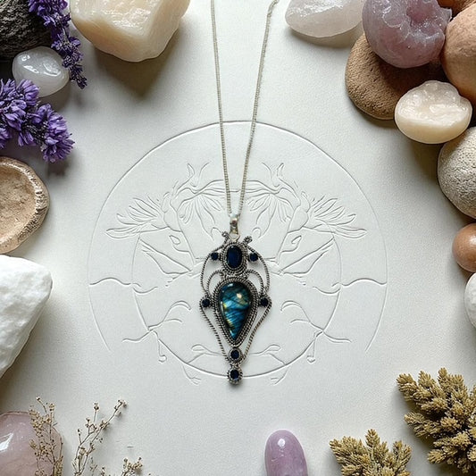 Necklace with a heart-shaped pendant on a white surface with stones and plants