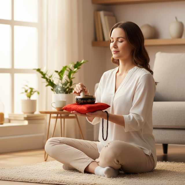 Woman sitting in a living room with a red pillow and small bowl, surrounded by plants and a couch.