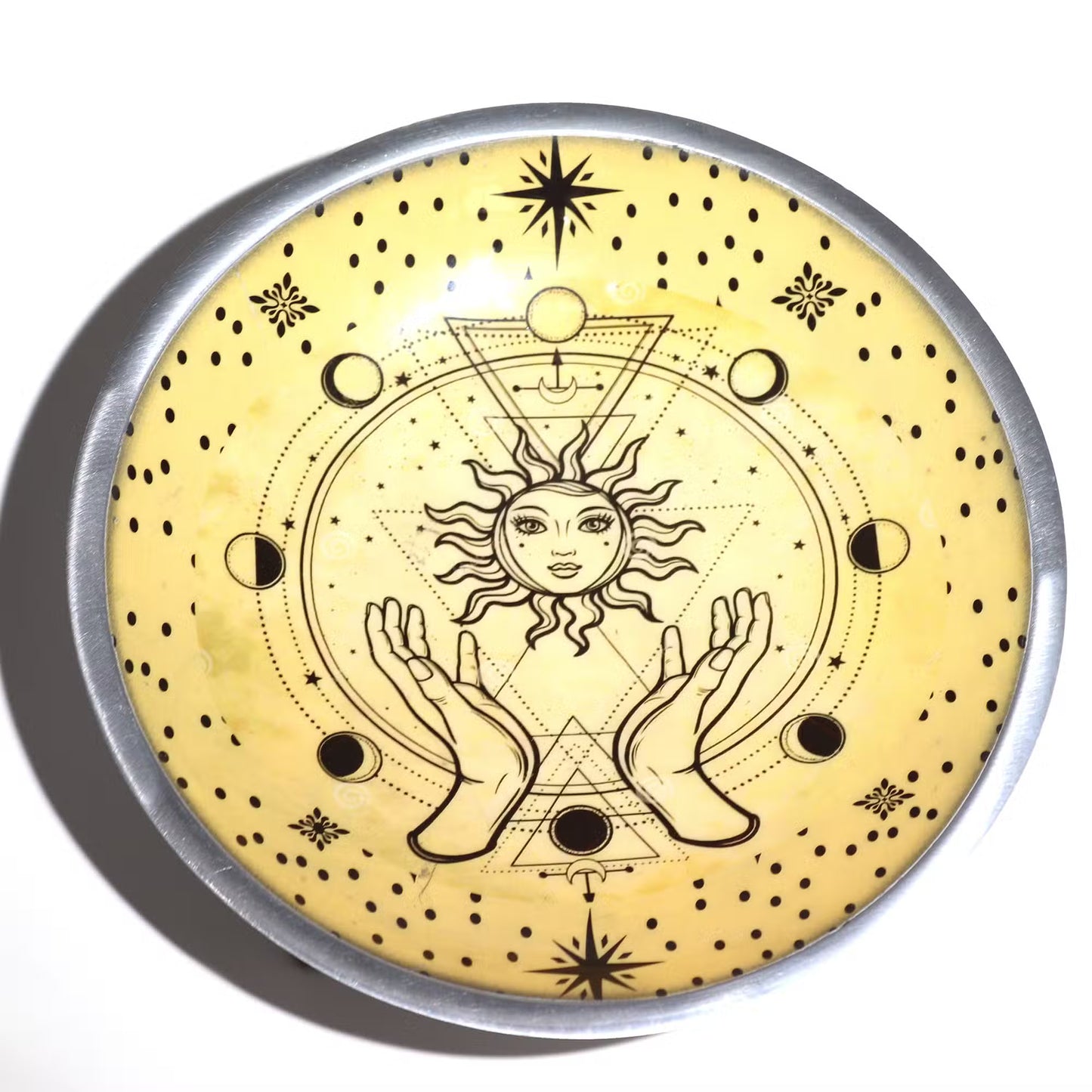 Hands & Sun enamelled ritual offering plate with celestial design