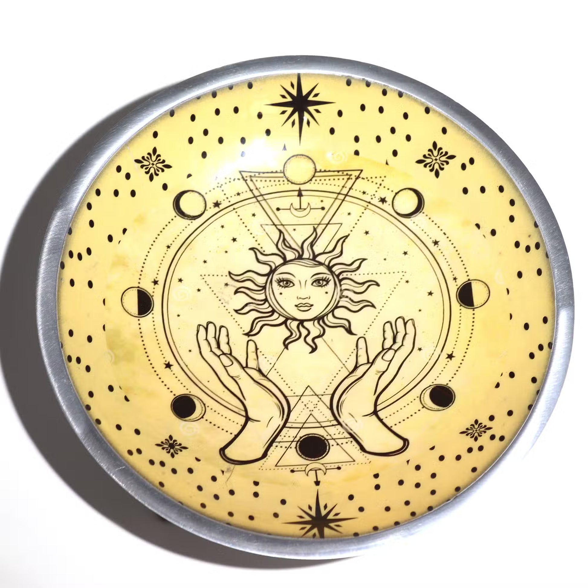 Hands & Sun enamelled ritual offering plate with celestial design