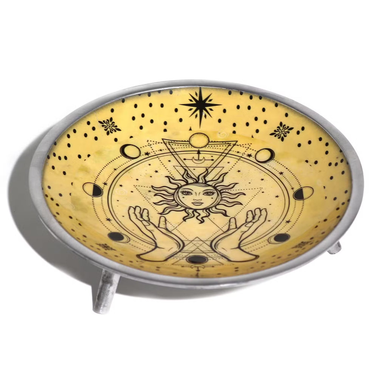 Hands & Sun enamelled ritual offering plate with celestial design