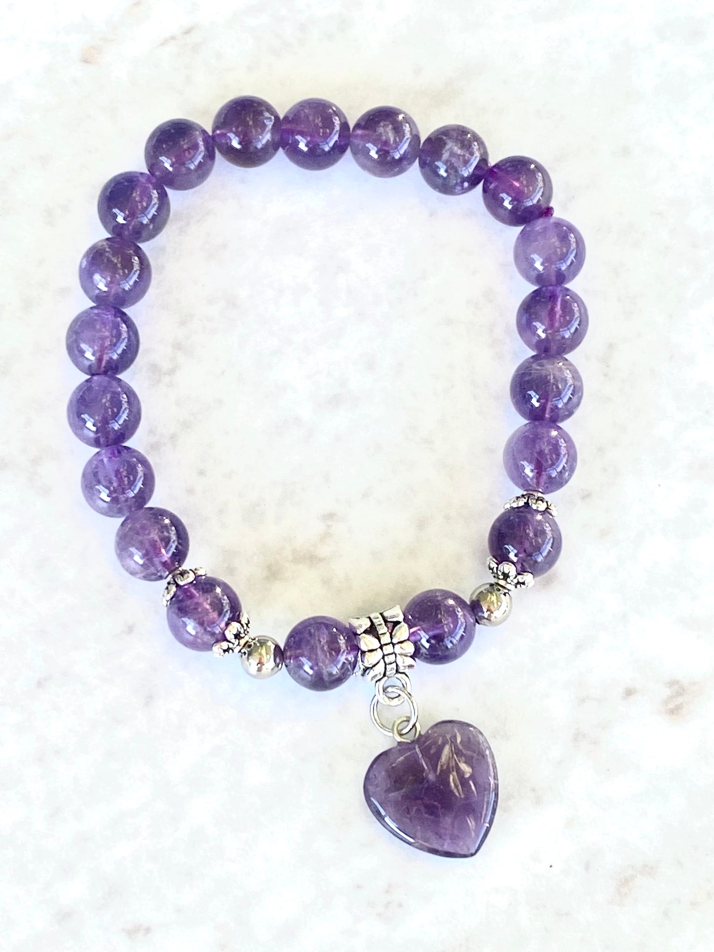 Amethyst Power Bead Heart Pendant Bracelet