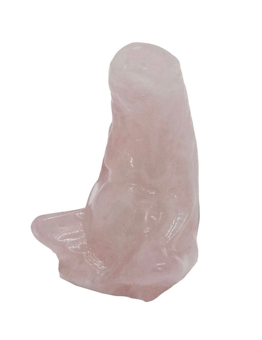 A pink rose quartz sculpture of Mother Earth, carved from natural quartz, with a smooth and polished finish.