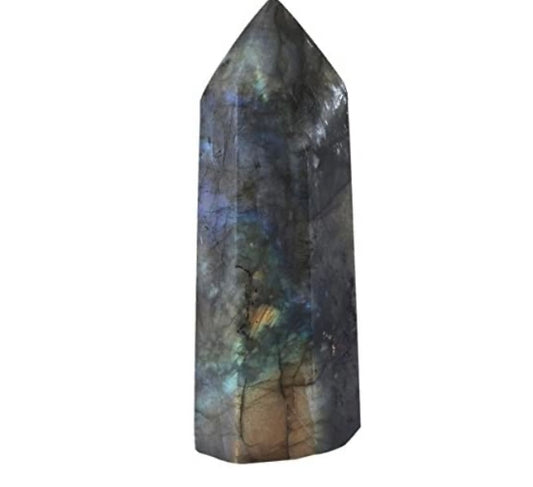 A polished labradorite crystal point with a blue and gray color pattern, commonly used for crystal healing.