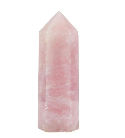 A pink, pointed Rose Quartz crystal with a smooth surface, commonly used for healing and spiritual purposes.