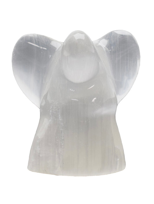 A clear selenite crystal angel figurine with a halo-shaped top, displayed against a plain background.