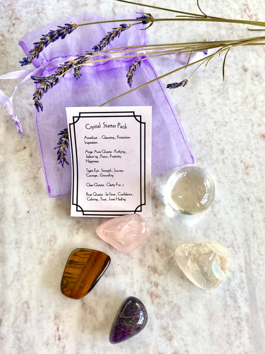 Crystal Starter Kit 5 Piece ,Rose Quartz Amethyst ,Tigers Eye , Clear Quartz , Angel Aura Quartz